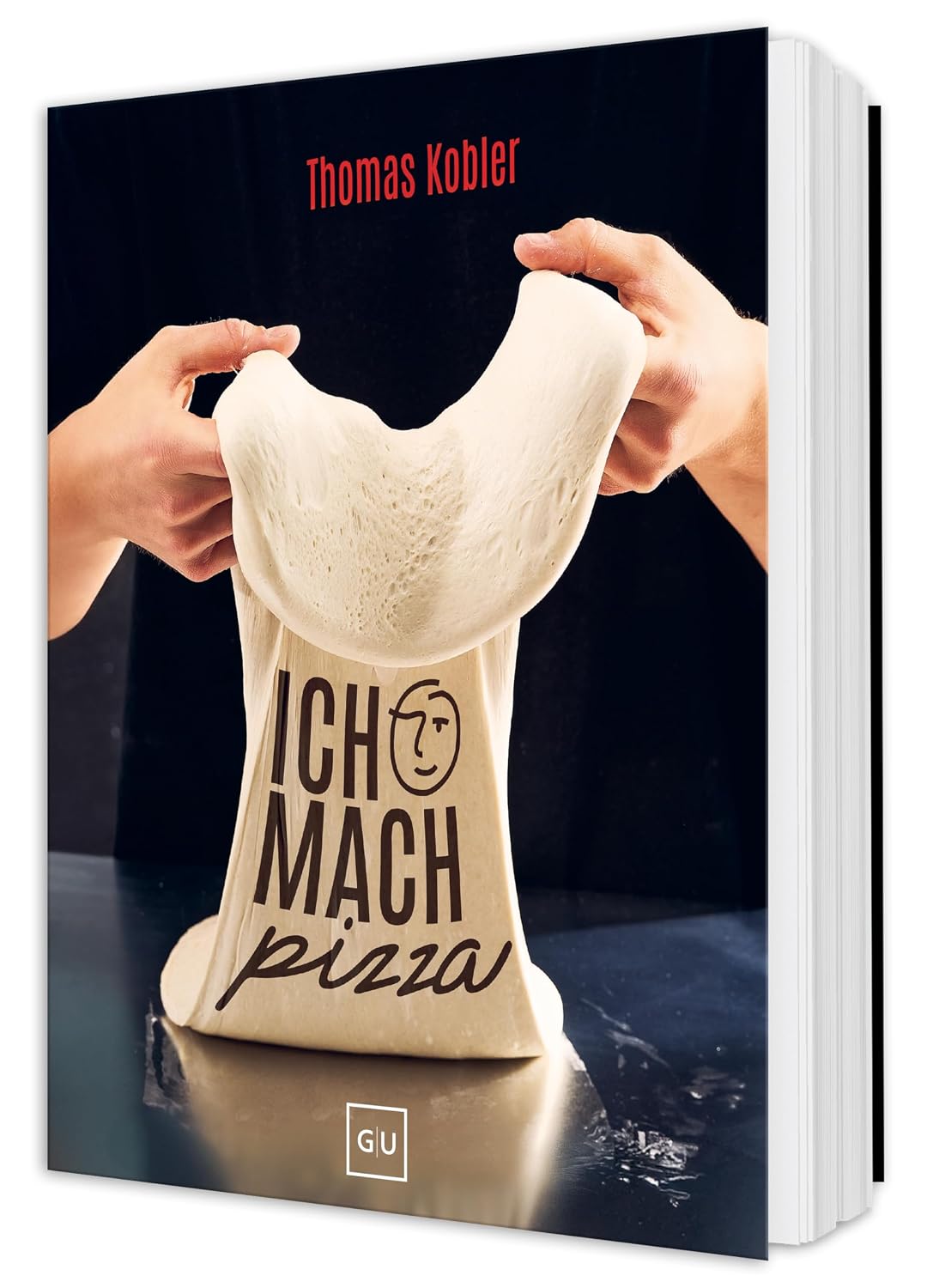 Buchcover „Ich mach Pizza“ von Thomas Kobler – Hände ziehen einen Pizzateig lang